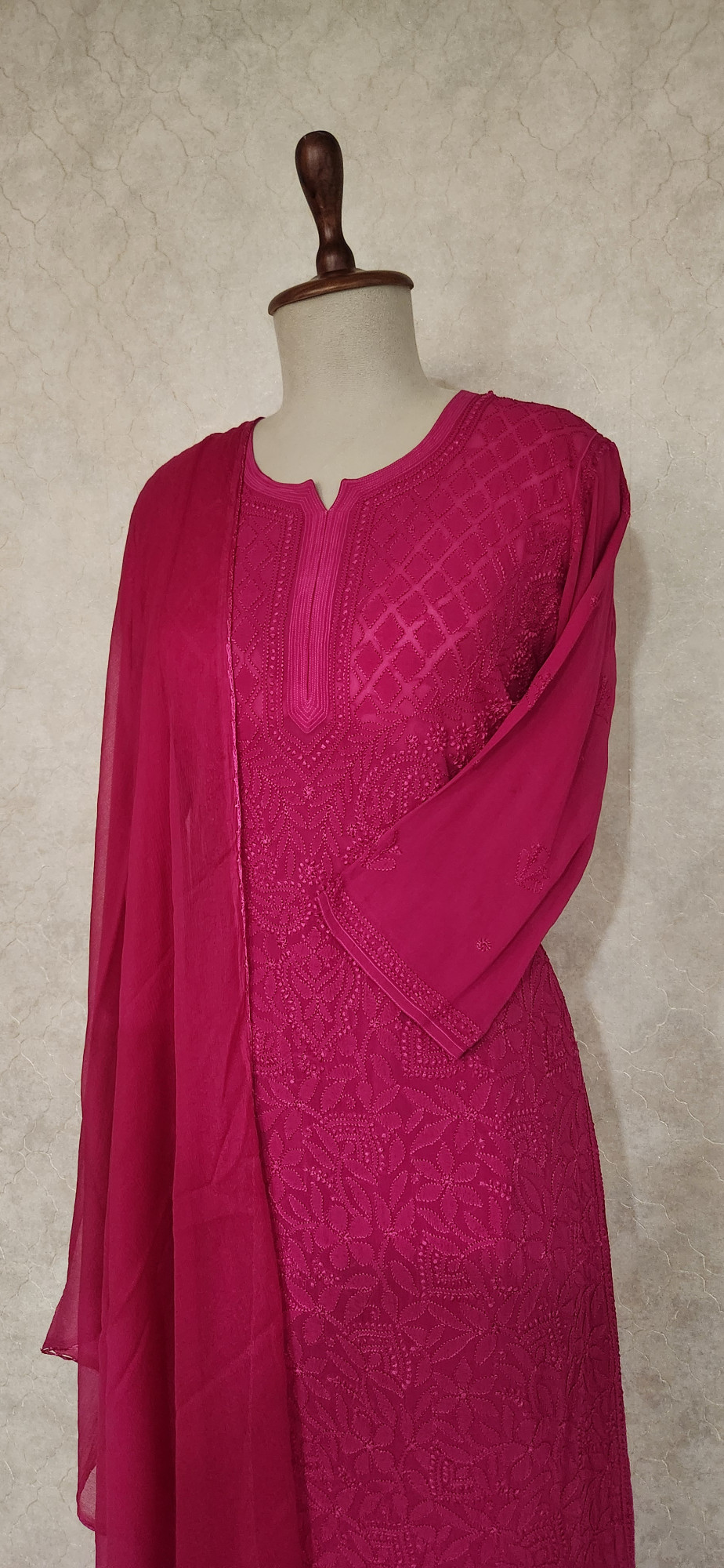 Chhangamal Hand-Embroidered Magenta Pure Georgette Chikankari Stitched Suit Set