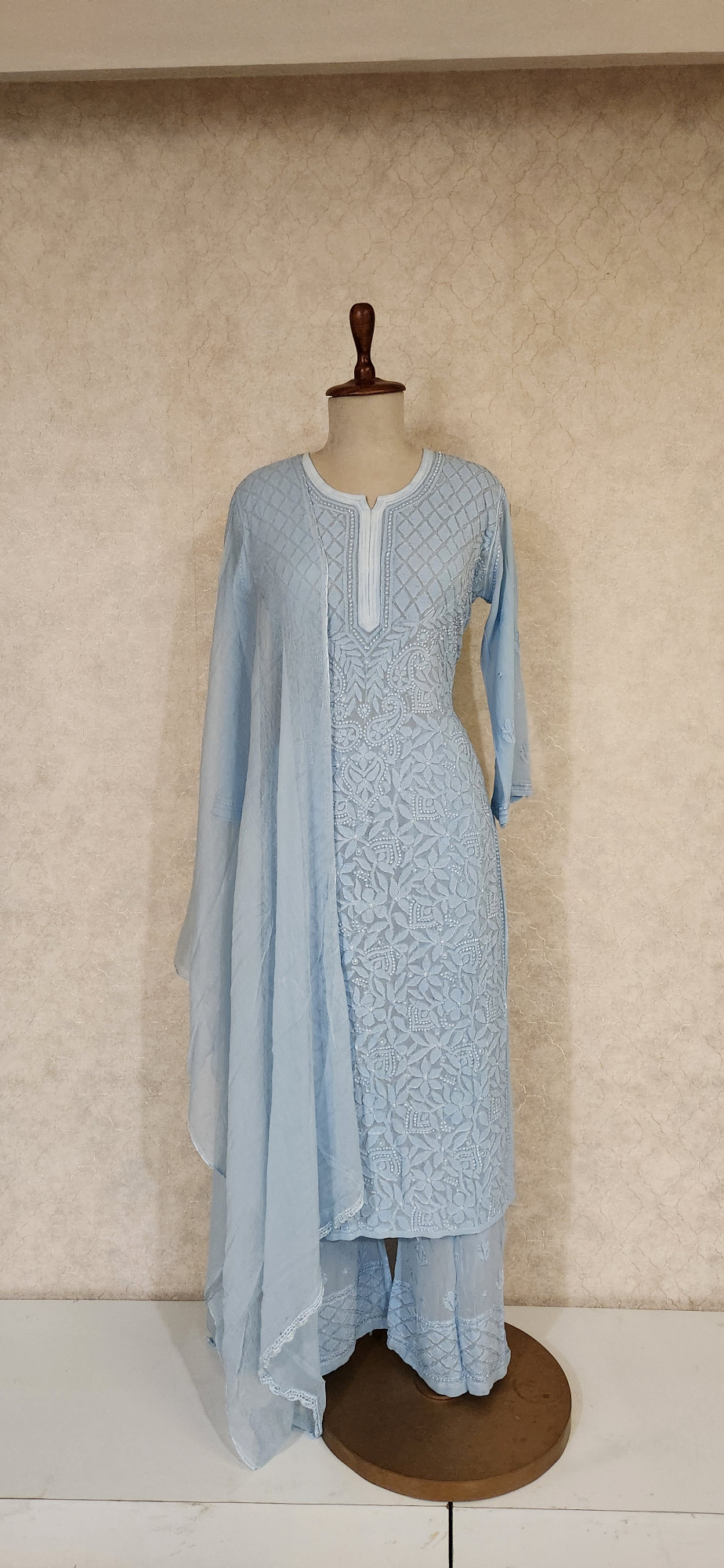 Chhangamal Hand-Embroidered Blue Pure Georgette Chikankari Stitched Suit Set
