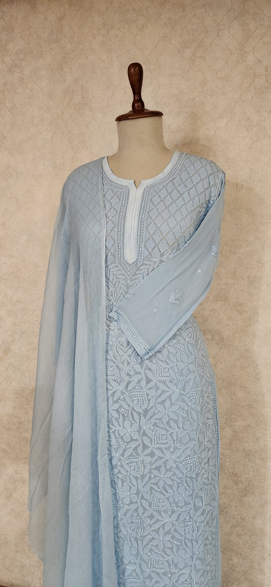 Chhangamal Hand-Embroidered Blue Pure Georgette Chikankari Stitched Suit Set