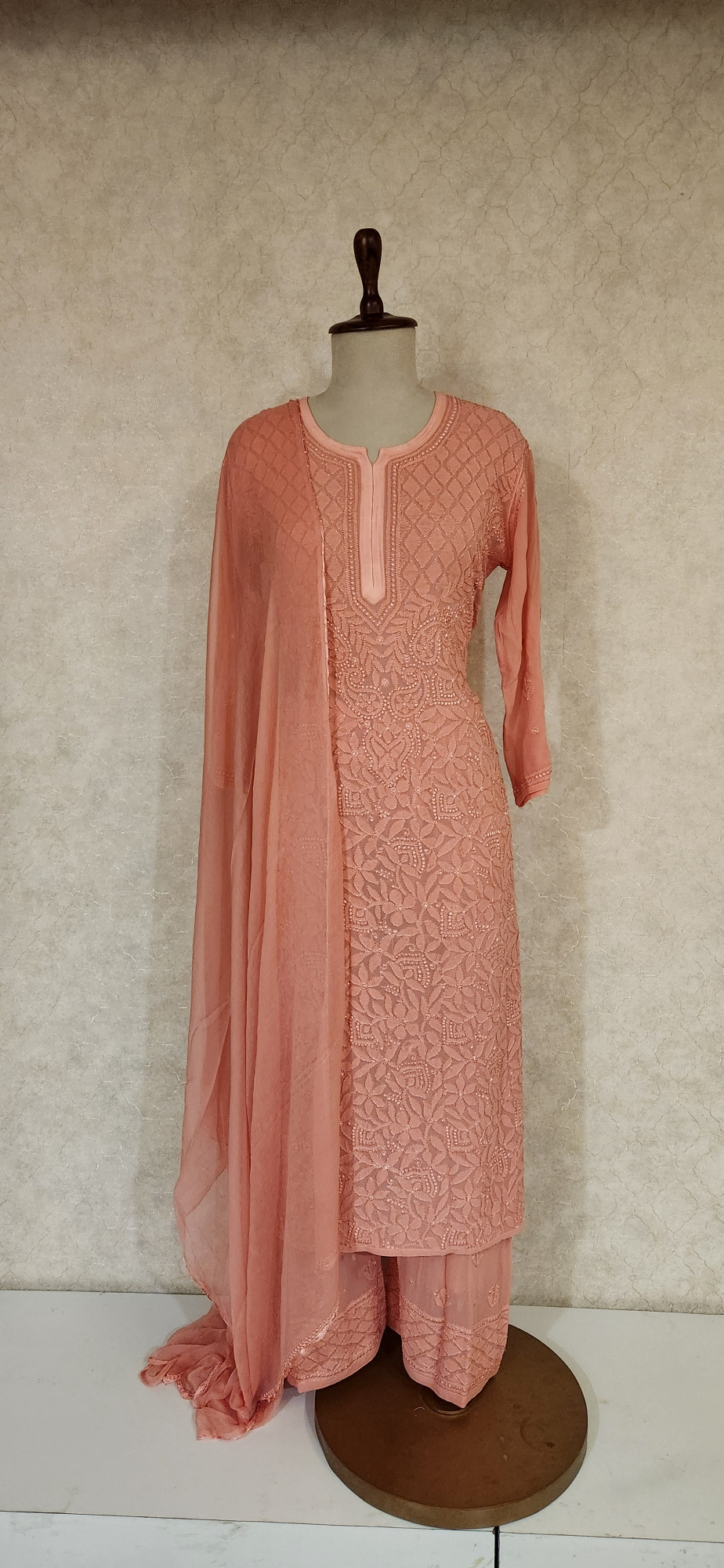 Chhangamal Hand-Embroidered Peach Pure Georgette Chikankari Stitched Suit Set