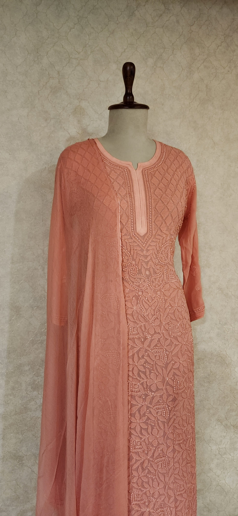 Chhangamal Hand-Embroidered Peach Pure Georgette Chikankari Stitched Suit Set