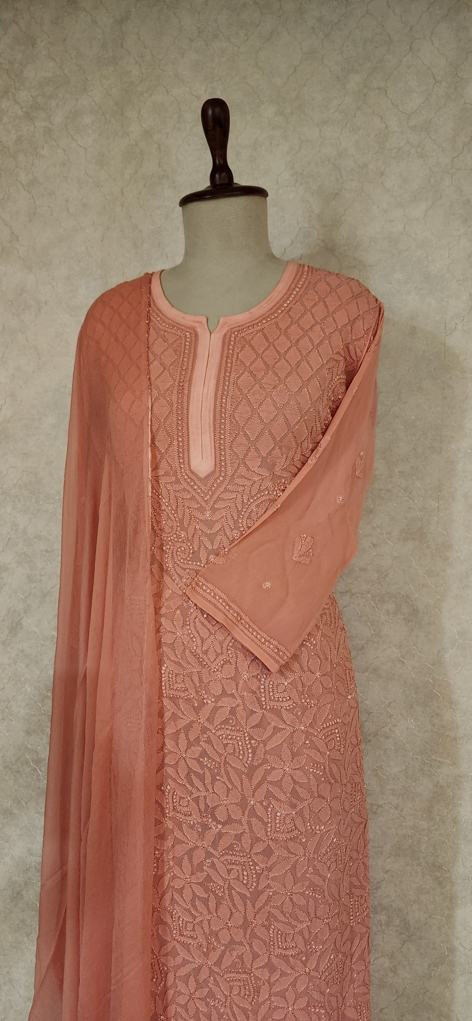 Chhangamal Hand-Embroidered Peach Pure Georgette Chikankari Stitched Suit Set