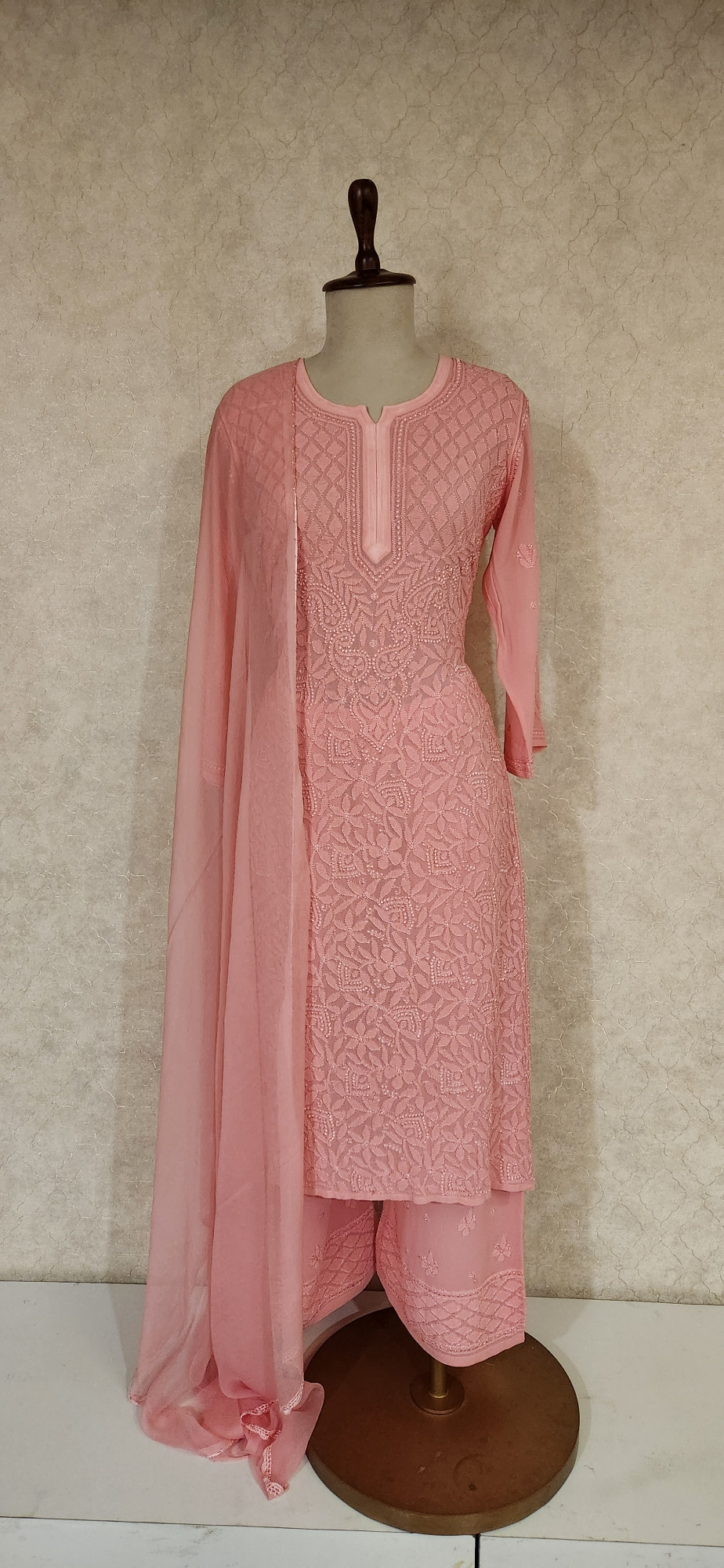 Chhangamal Hand-Embroidered Pink Pure Georgette Chikankari Stitched Suit Set
