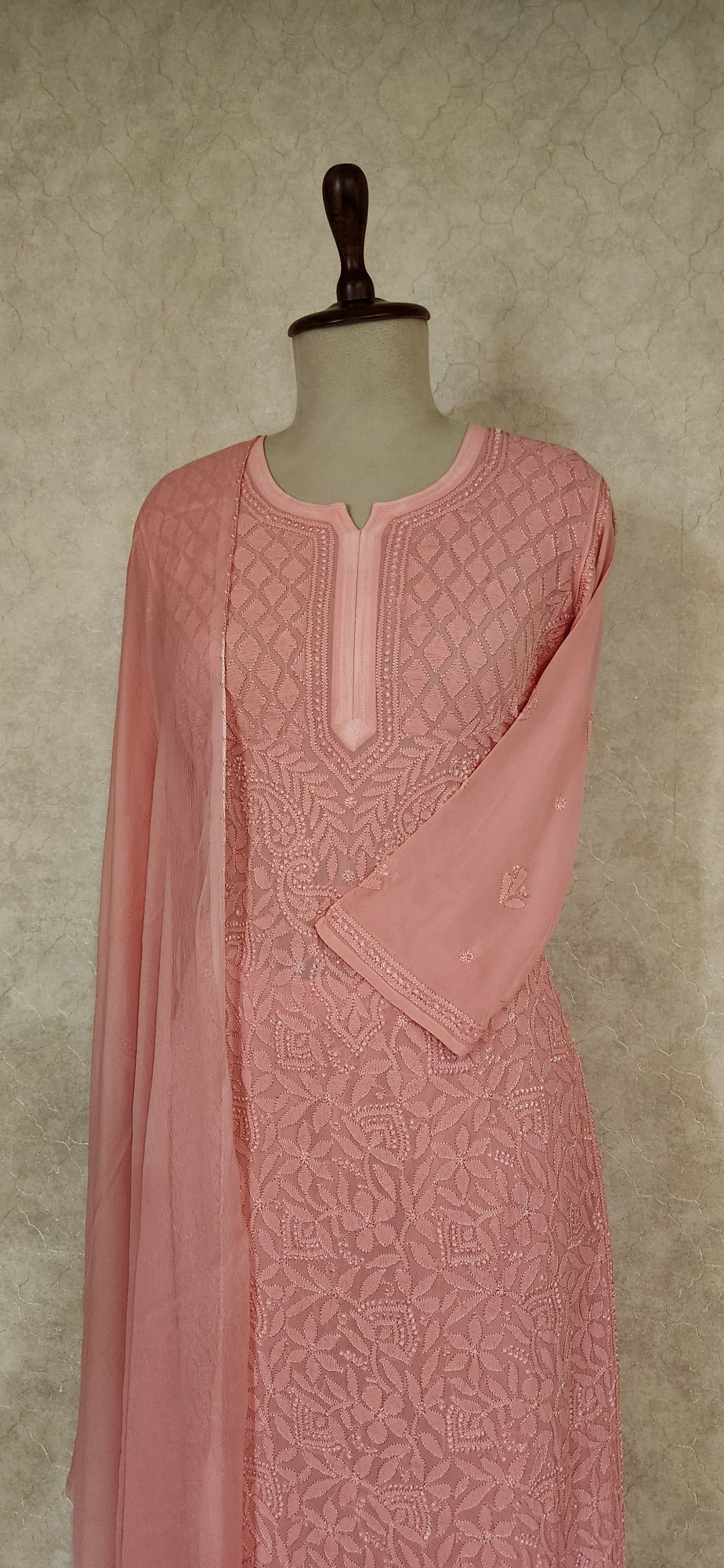 Chhangamal Hand-Embroidered Pink Pure Georgette Chikankari Stitched Suit Set