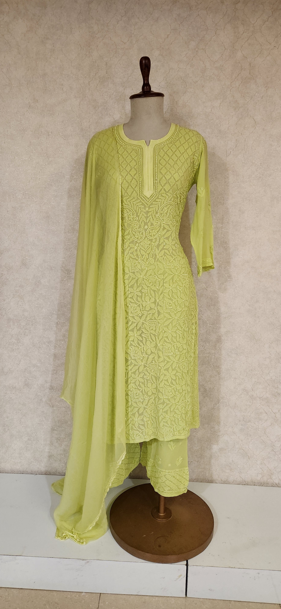 Chhangamal Hand-Embroidered Dhani Green Pure Georgette Chikankari Stitched Suit Set