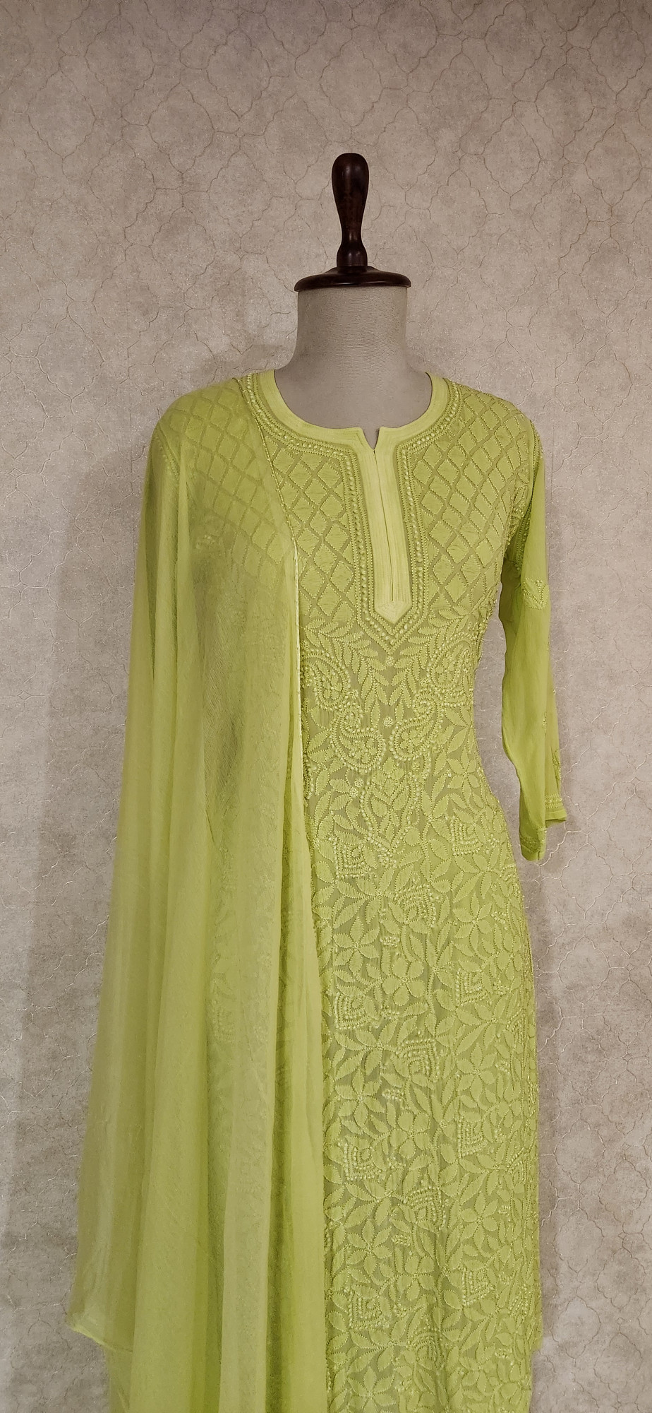 Chhangamal Hand-Embroidered Dhani Green Pure Georgette Chikankari Stitched Suit Set