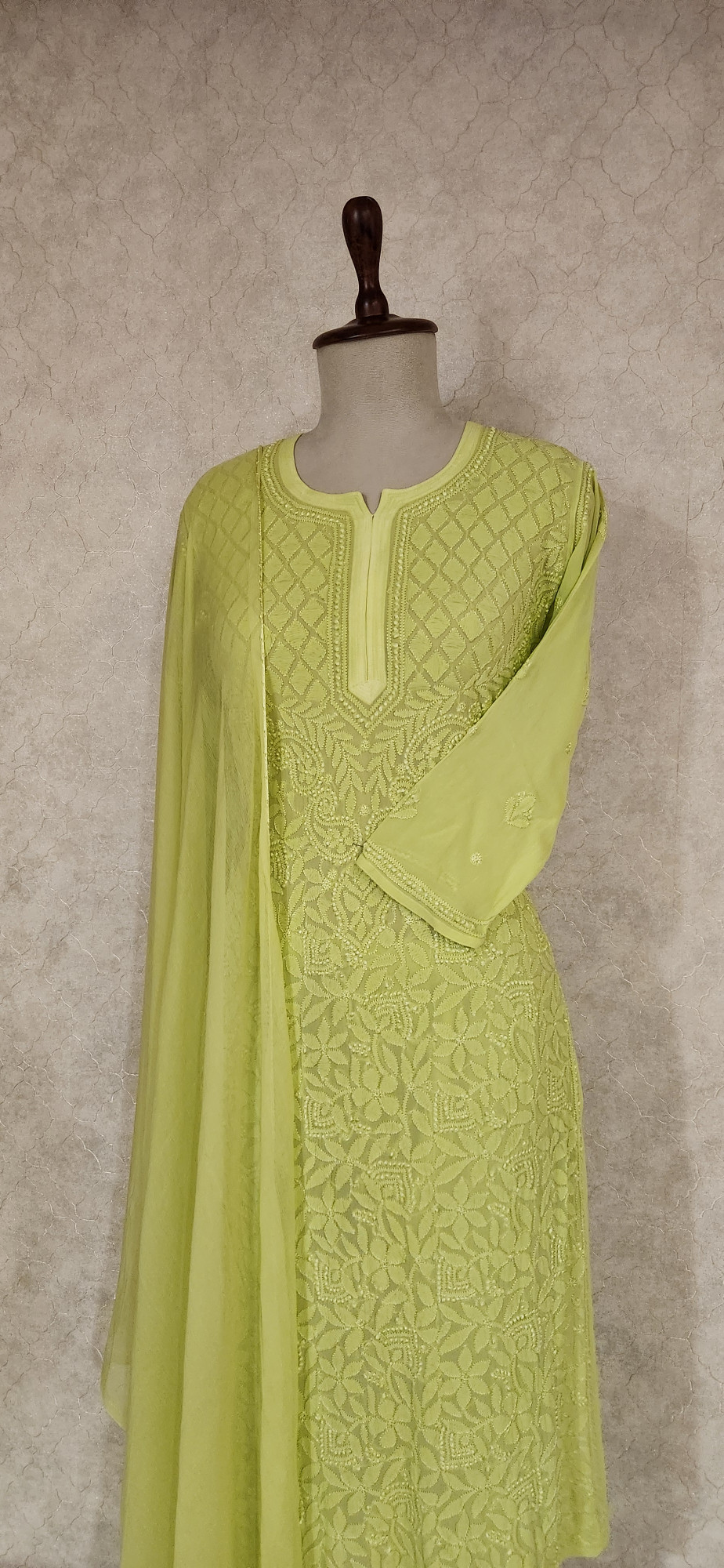 Chhangamal Hand-Embroidered Dhani Green Pure Georgette Chikankari Stitched Suit Set