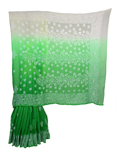 Rohia by Chhangamal Hand Embroidered Green Faux Georgette Shaded Chikan Saree S9070