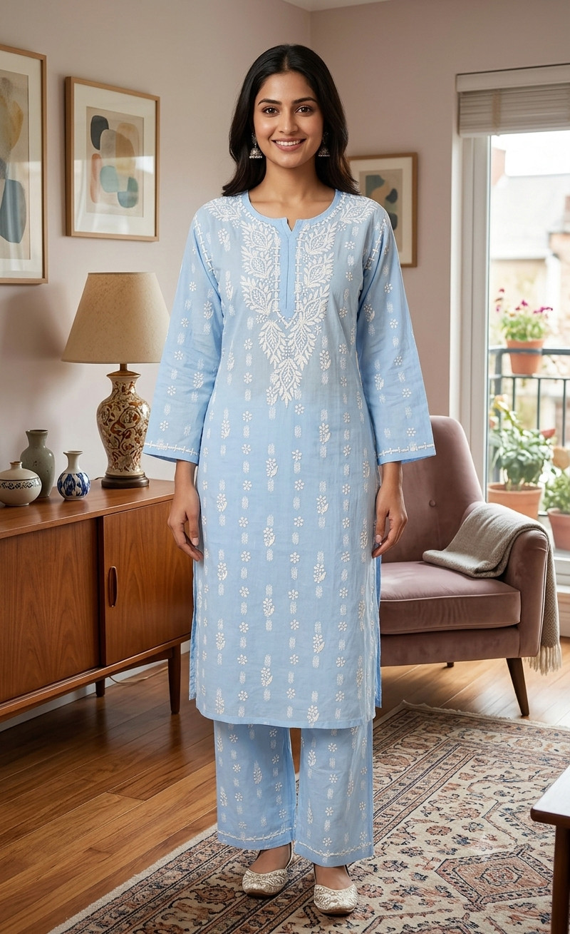 Sky Blue Cotton Chikankari Kurta & Pant Set