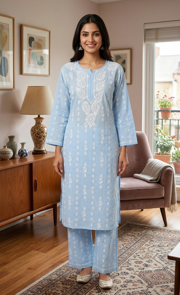 Image of Sky Blue Cotton Chikankari Kurta &amp; Pant Set