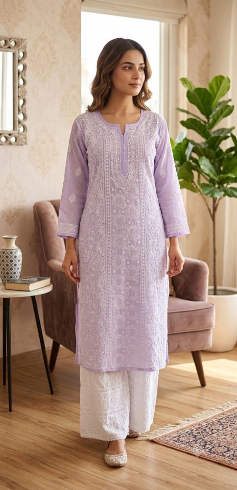 Image of Lavender Cotton Hand Embroidered Chikankari Kurti