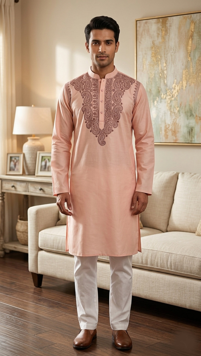 Peach Pink Cotton Chikankari Kurta