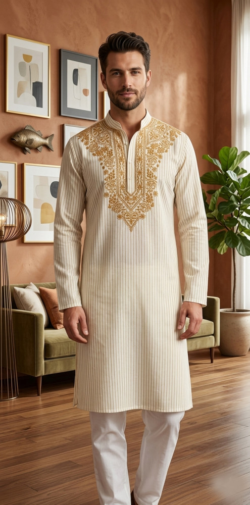 Image of Cream Lining Cotton Chikankari Kurta