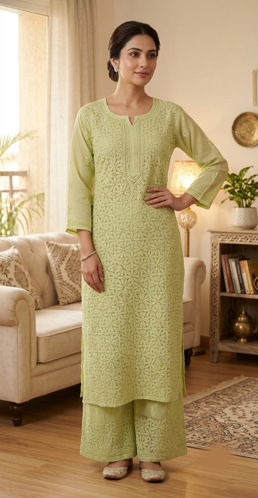 Image of Light Green Pure Kota Chikankari Kurta, Slip &amp; Pant Set