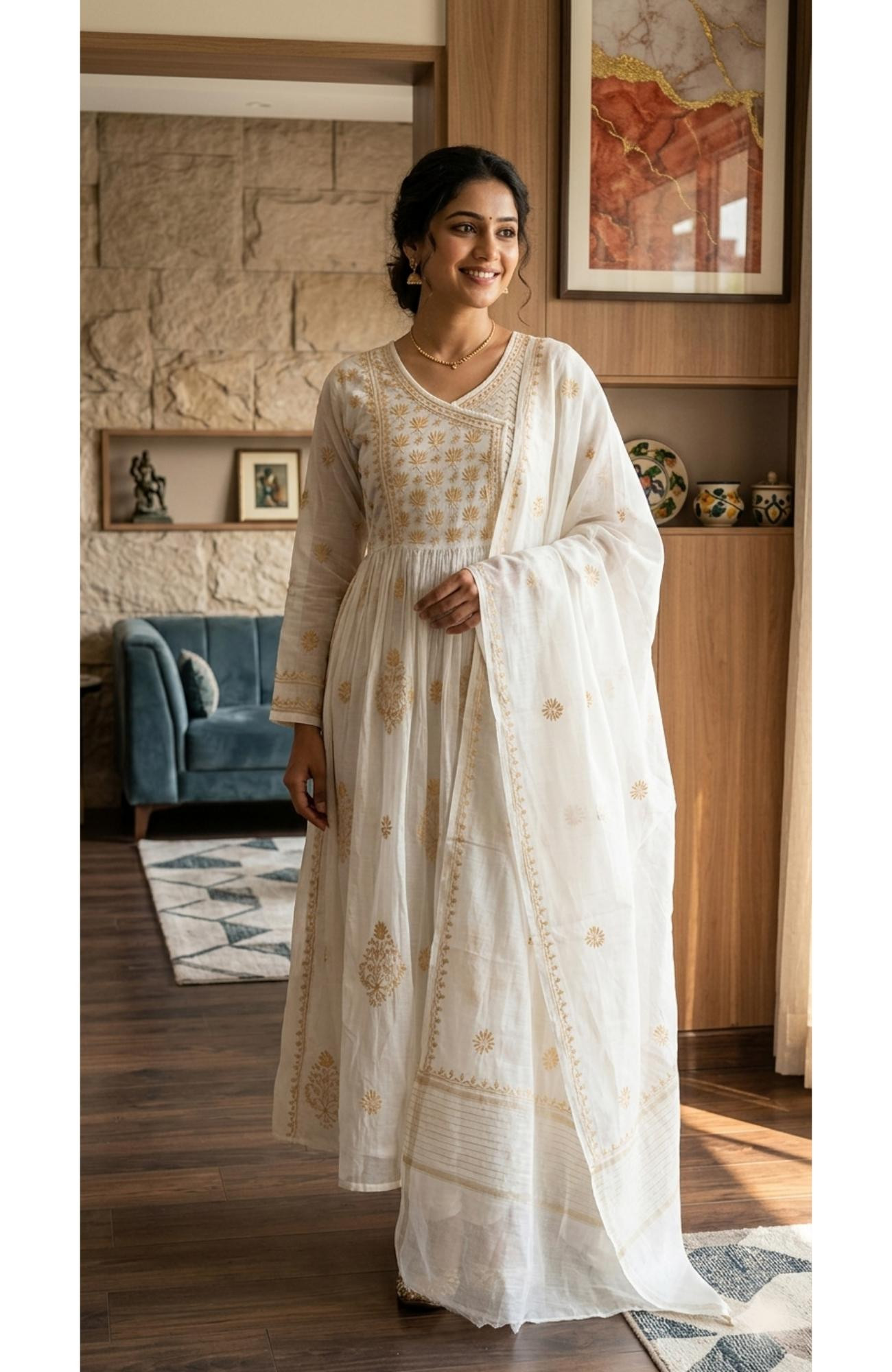Cream Mul Chanderi Hand Embroidered Chikankari  Angrakha Stayl Kurta  Dupatta