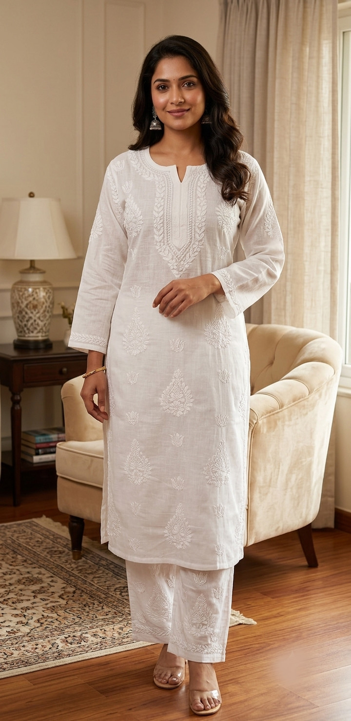 White Cotton Chikankari Kurta & Pant Set