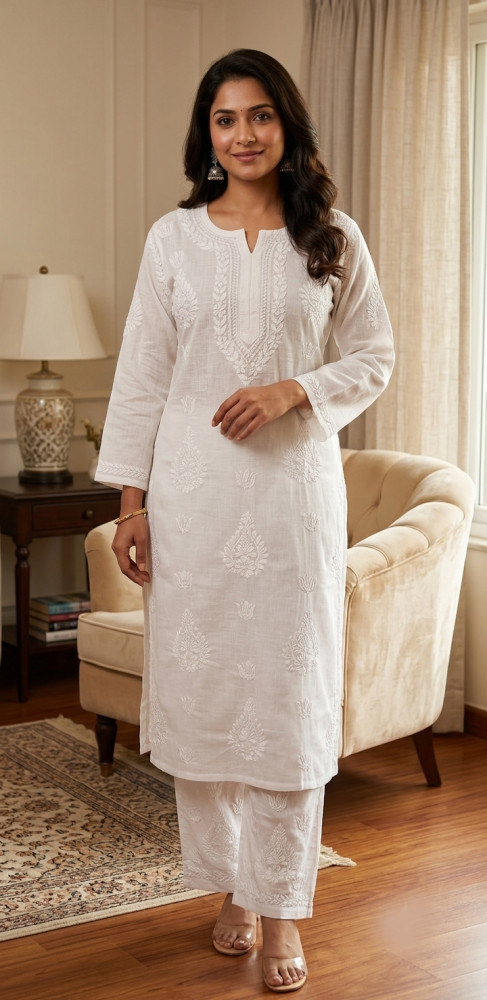 Image of White Cotton Chikankari Kurta &amp; Pant Set