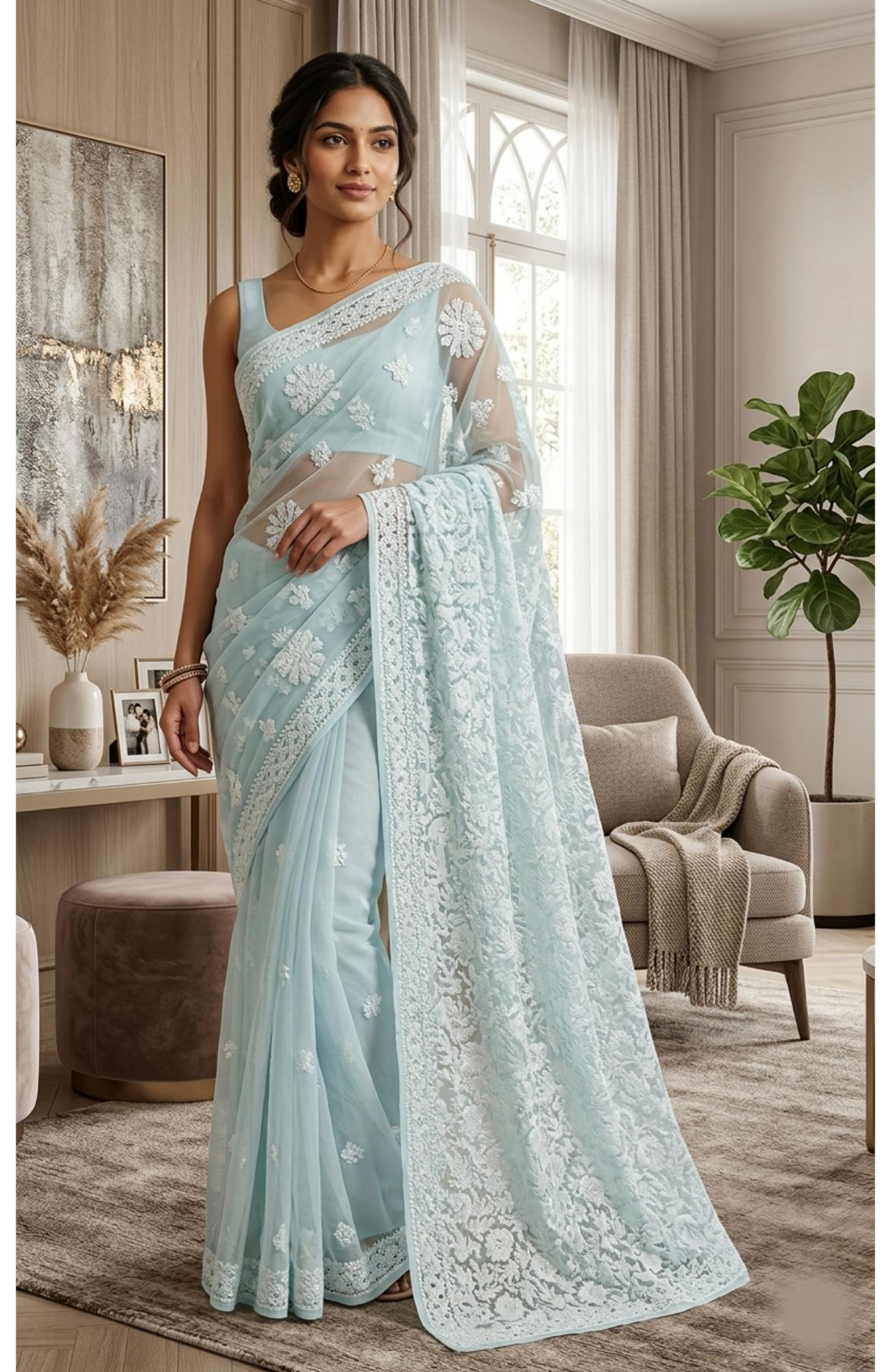 Sea Green Faux Georgette Hand Embroidered Chikankari  Saree