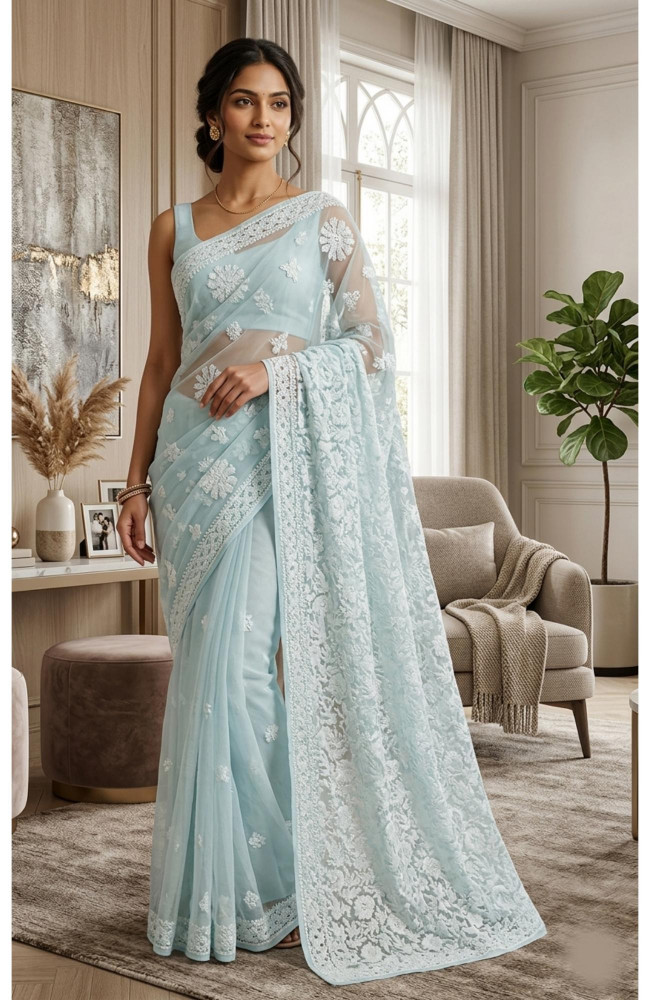 Image of Sea Green Faux Georgette Hand Embroidered Chikankari  Saree