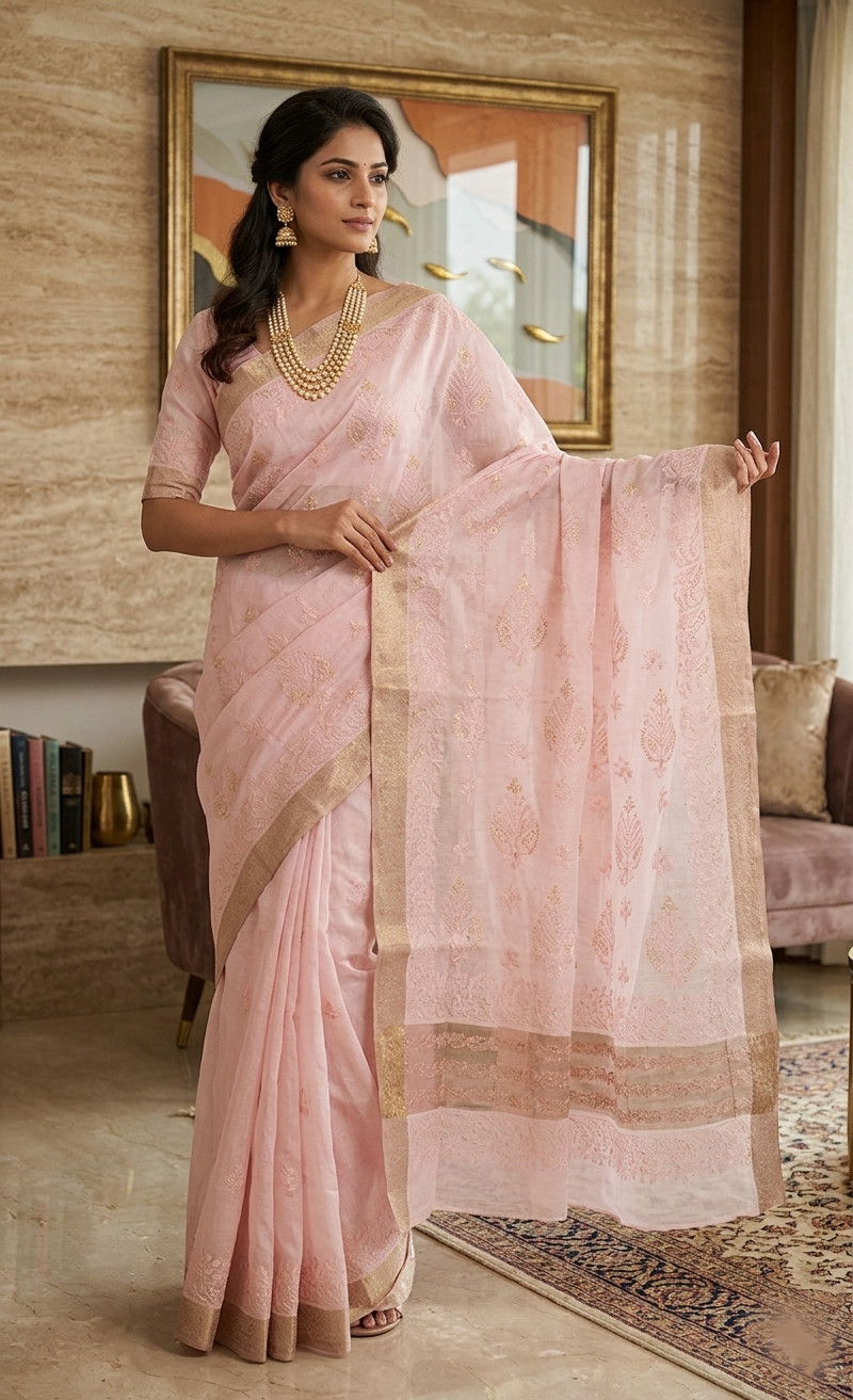Pink Hand Embroidered Chanderi Chikankari Saree