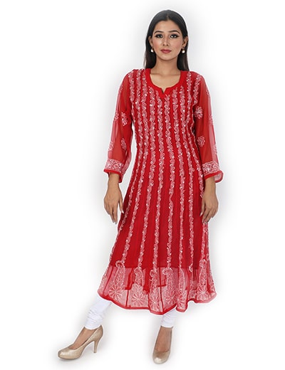 Rohia by Chhangamal Womens Hand Embroidered Red Chikan Kurti