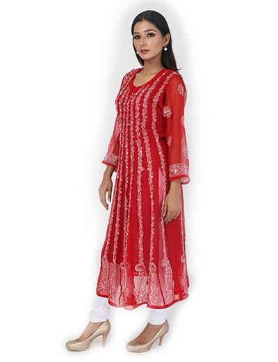 Rohia by Chhangamal Womens Hand Embroidered Red Chikan Kurti