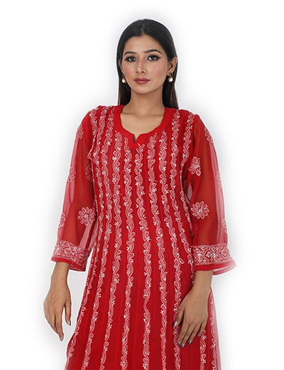 Rohia by Chhangamal Womens Hand Embroidered Red Chikan Kurti
