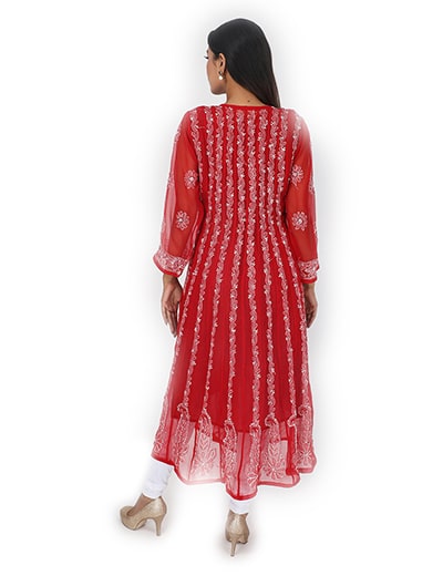 Rohia by Chhangamal Womens Hand Embroidered Red Chikan Kurti