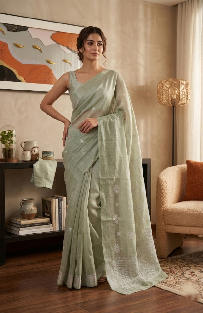 Image of Green Chanderi Hand Embroidered Chikankari Saree