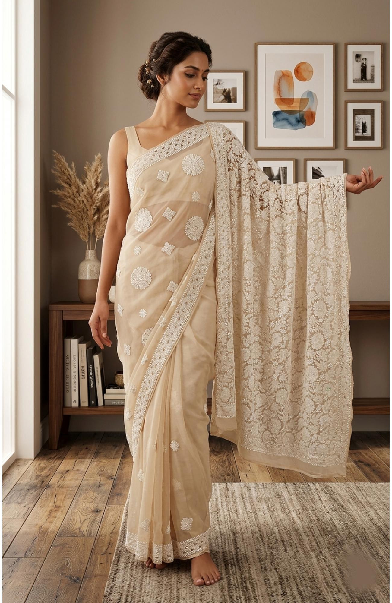 Light Beige Faux Georgette  Hand Embroidered Chikankari Saree