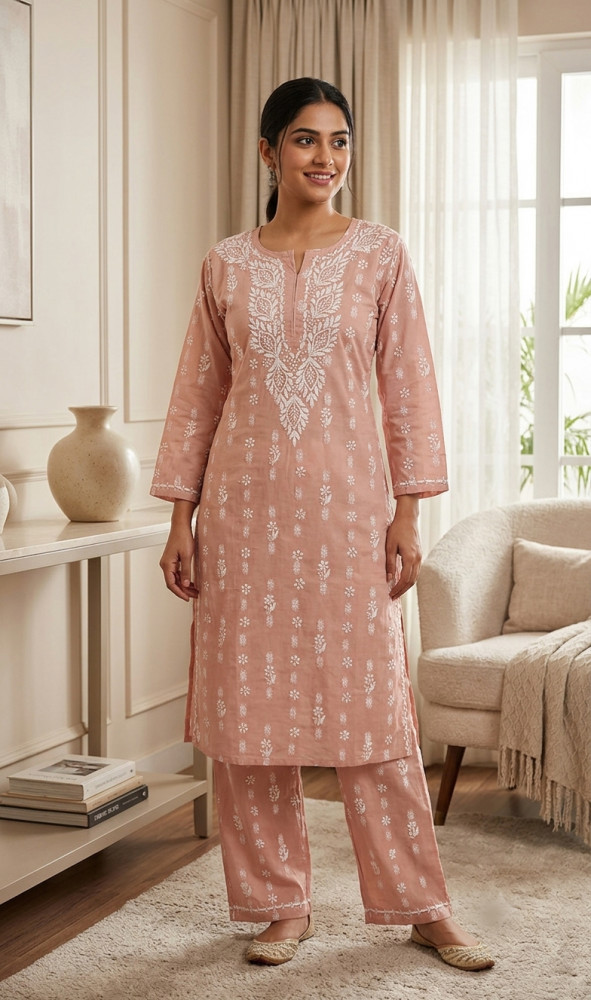 Image of Dusty Pink Cotton Chikankari Kurta &amp; Pant Set