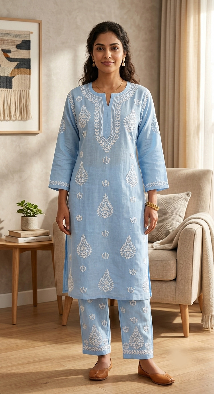 Blue Cotton Chikankari Kurta & Pant Set
