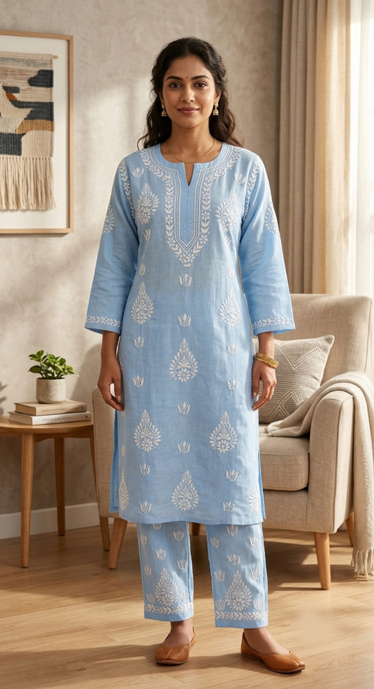 Image of Blue Cotton Chikankari Kurta &amp; Pant Set