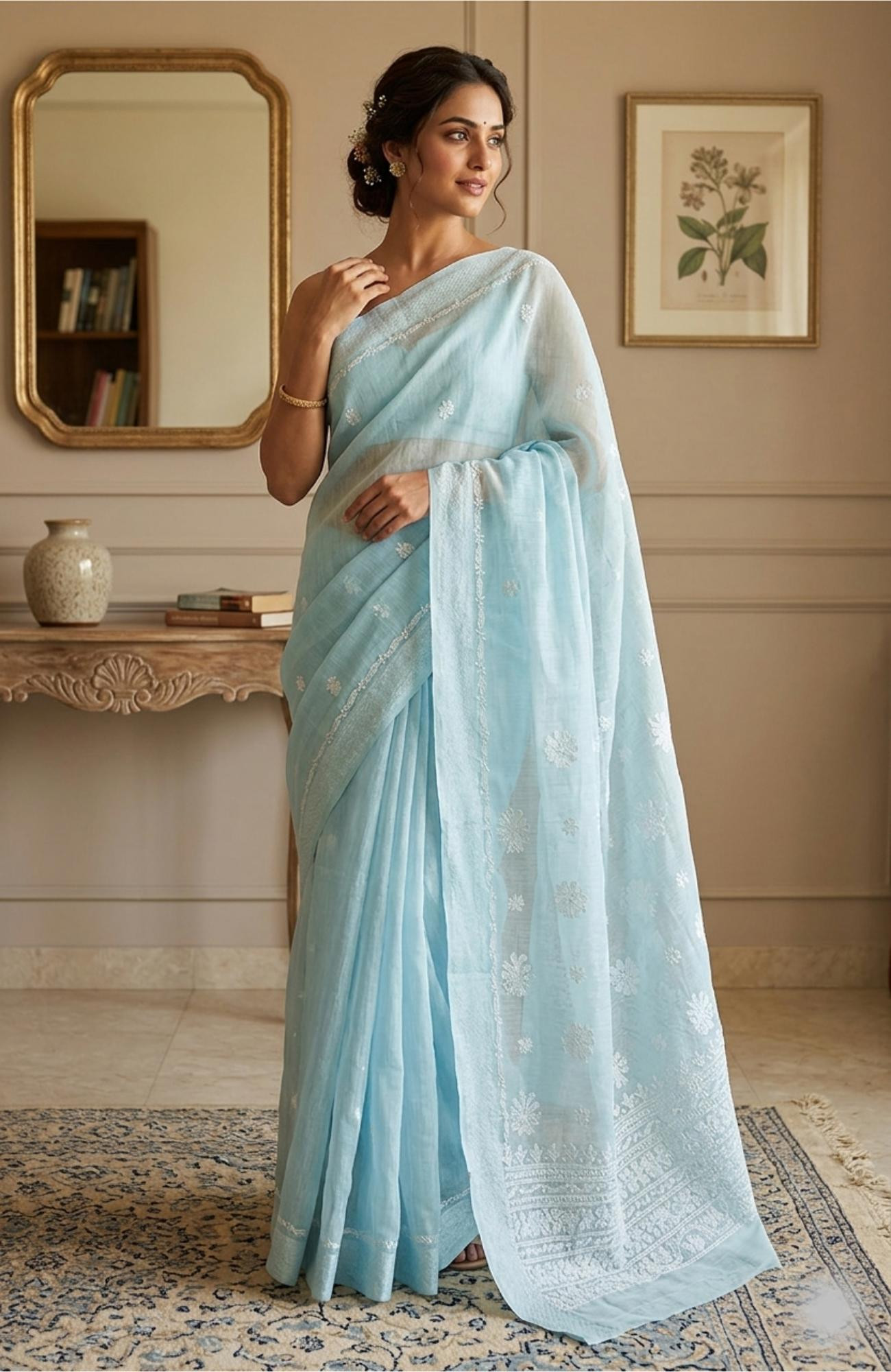 Light Blue Chanderi Hand Embroidered Chikankari Saree