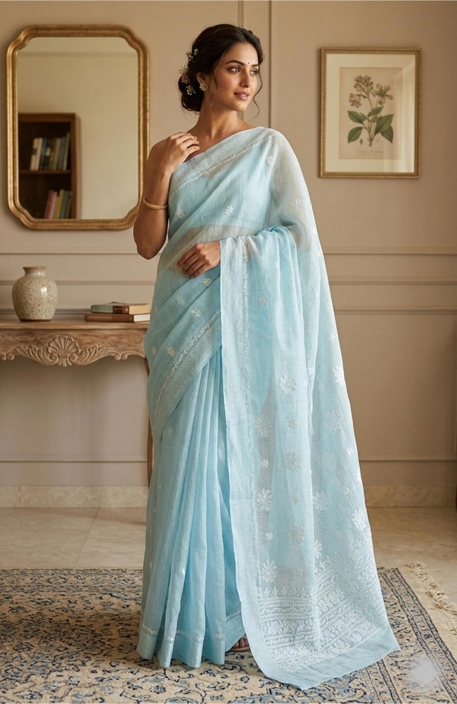 Image of Light Blue Chanderi Hand Embroidered Chikankari Saree