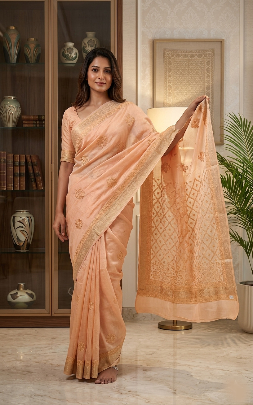 Peach Hand Embroidered Chanderi Chikankari Saree