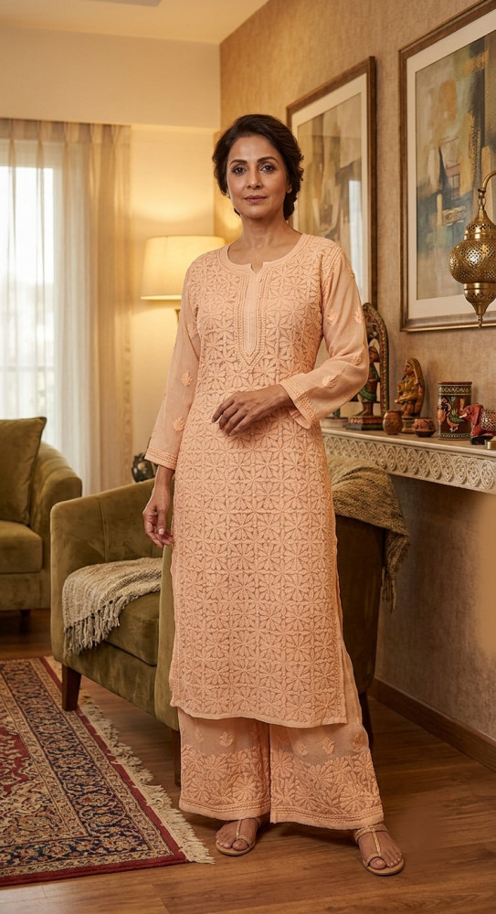 Image of Peach Pure Kota Chikankari Kurta, Slip &amp; Pant Set