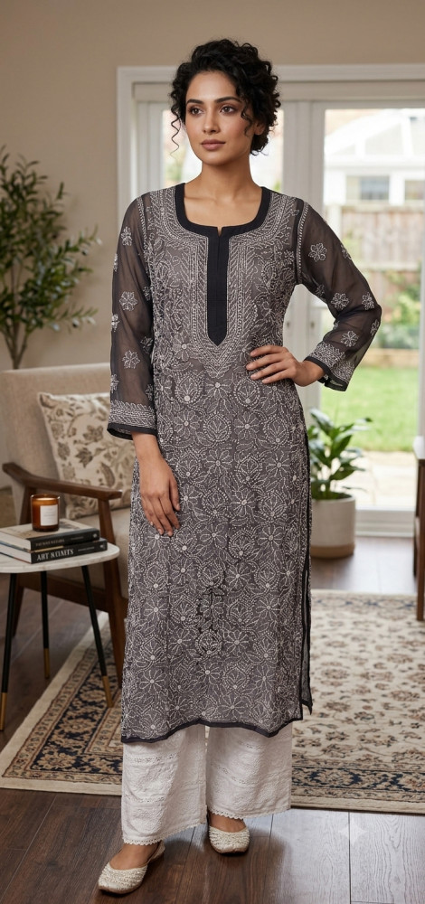 Image of Black Foux Georgette  Hand Embroidered Chikankari Kurti