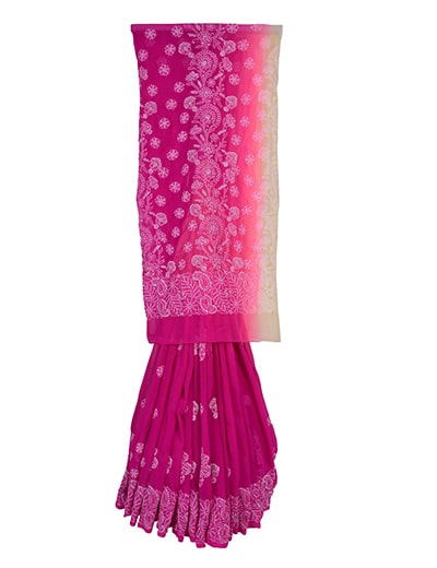 Rohia by Chhangamal Hand Embroidered Pink Faux Georgette Shaded Chikan Saree S9070
