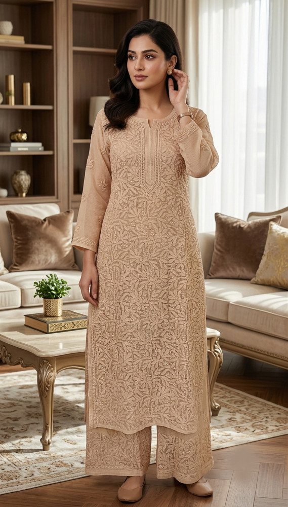 Image of Beige Pure Kota Chikankari Kurta, Slip &amp; Pant Set