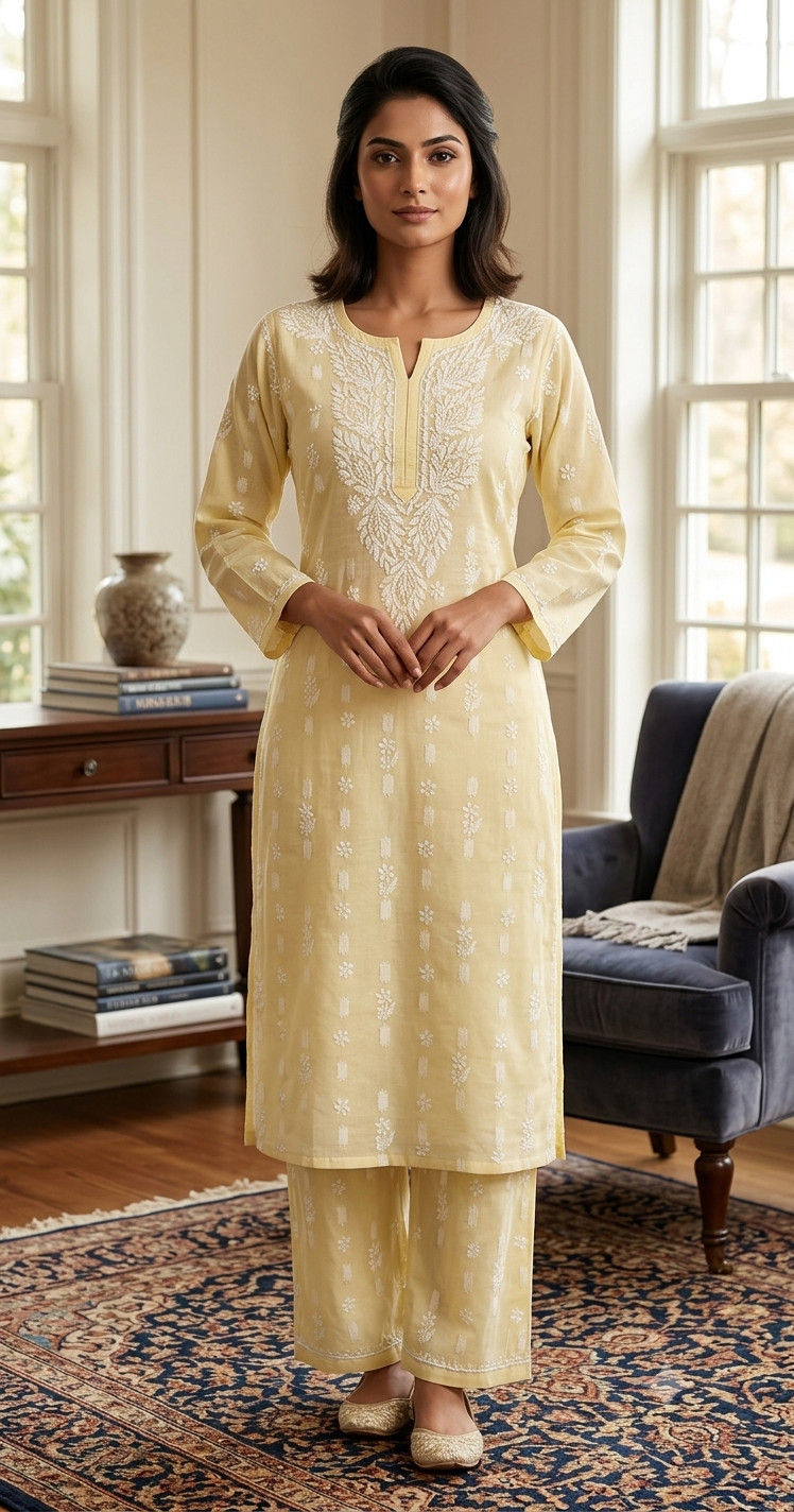 Yellow  Cotton Chikankari Kurta & Pant Set