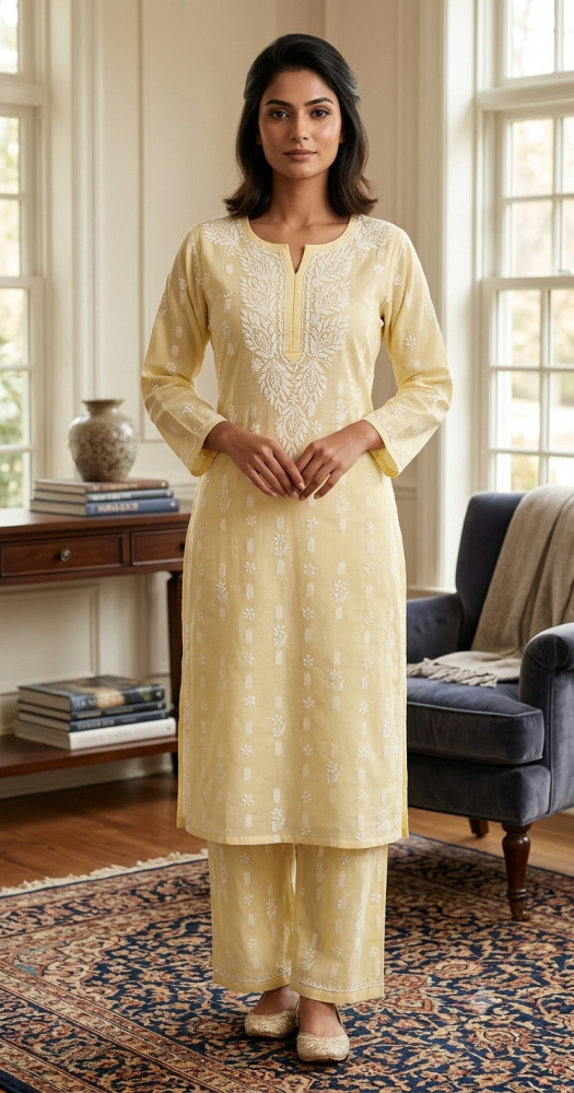 Image of Yellow  Cotton Chikankari Kurta &amp; Pant Set