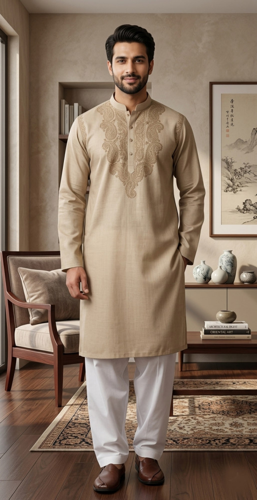 Image of Beige  Cotton Chikankari Kurta