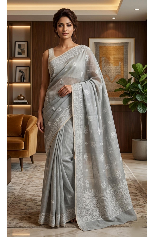 Image of Grey  Chanderi Hand Embroidered Chikankari Saree I Rohia By Chhangamal