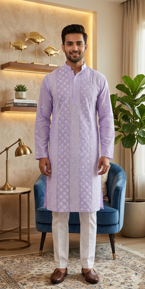 Image of Blue Cotton Chikankari Kurta