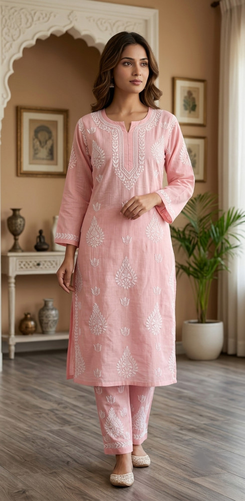 Image of Baby Pink Cotton Chikankari Kurta &amp; Pant Set