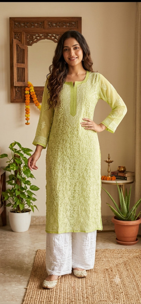Image of Green Foux Georgette  Hand Embroidered Chikankari Kurti