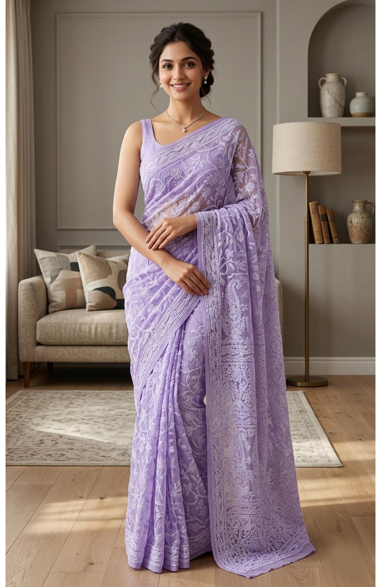 Purple  Faux Georgette  Hand Embroidered Chikankari Saree I Rohia