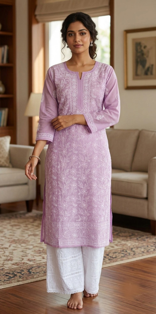Image of Onion Pink Cotton Hand Embroidered Chikankari Kurti