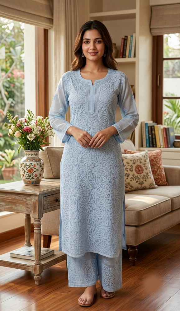 Image of Blue Pure Kota Chikankari Kurta, Slip &amp; Pant Set